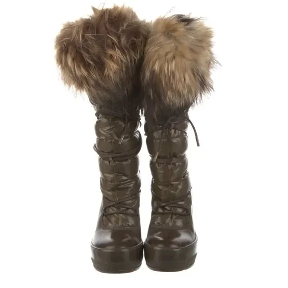 Moncler Nylon Fur Trim Lace-Up Boots - size 6 | US6, IT36 - Mocha Brown - Picture 5 of 13